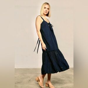 Nightcap Free People “Costa Coquette” Navy Cotton Eyelet Midi Sun Dress XS S M